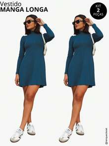 Vestido Manga Longa Feminino com Gola Alta em Tendencia Inverno - Azul petróleo - Visão 1