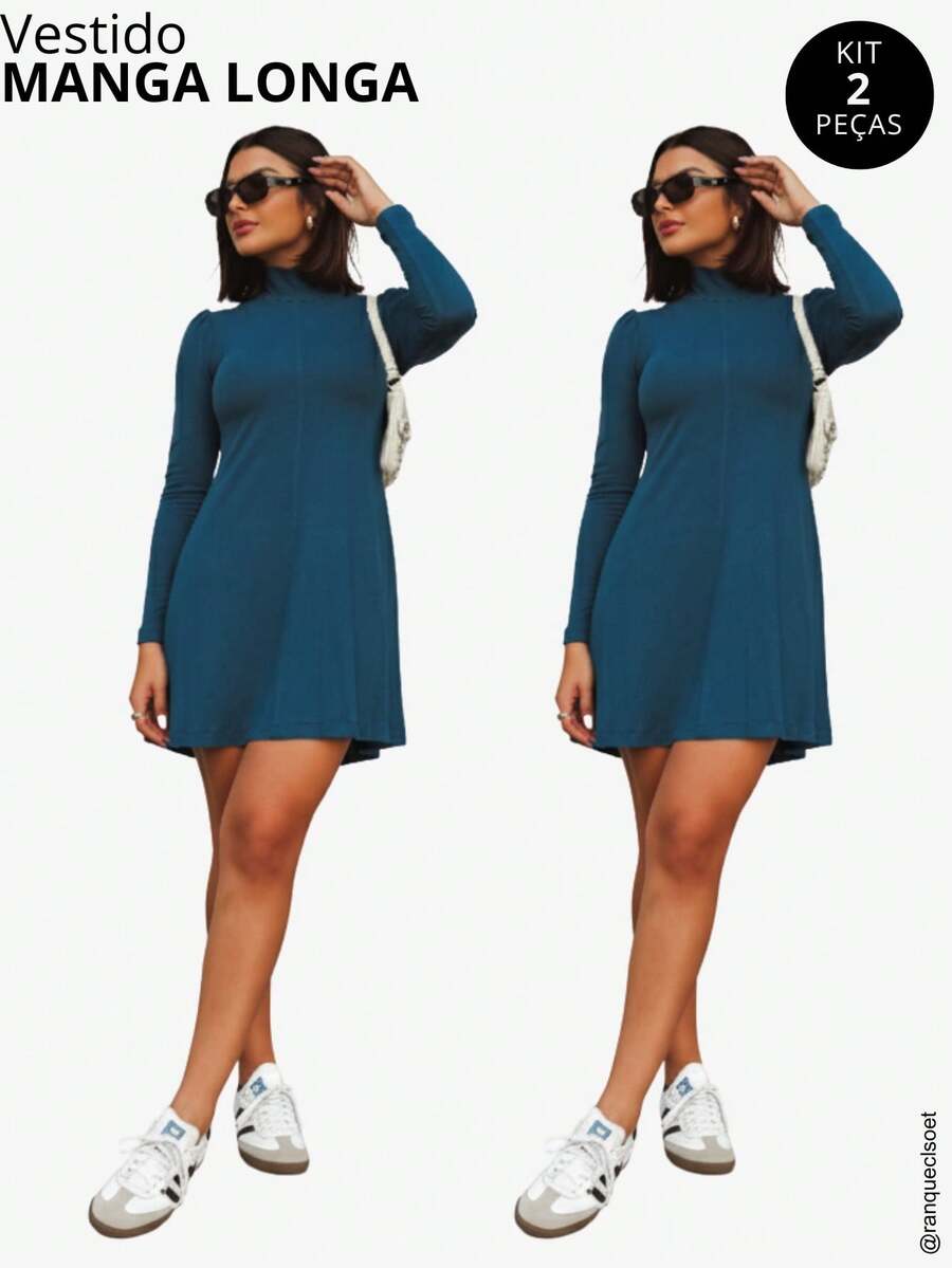 Vestido Manga Longa Feminino com Gola Alta em Tendencia Inverno - Azul petróleo - Visão 1