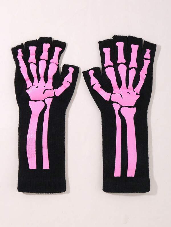 1 par de guantes sin dedos con estampado de esqueleto en estilo punk Y2K, regalo de Navidad, térmicos y cálidos para el invierno