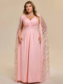 EVERPRETTY Plus Size Elegant Deep V Neck Flare Sleeve Rhinestone Embellished Pink Formal Dresses Evening Gown For Dinner Party Winter Wedding Guest Dresses - Pink - View 3