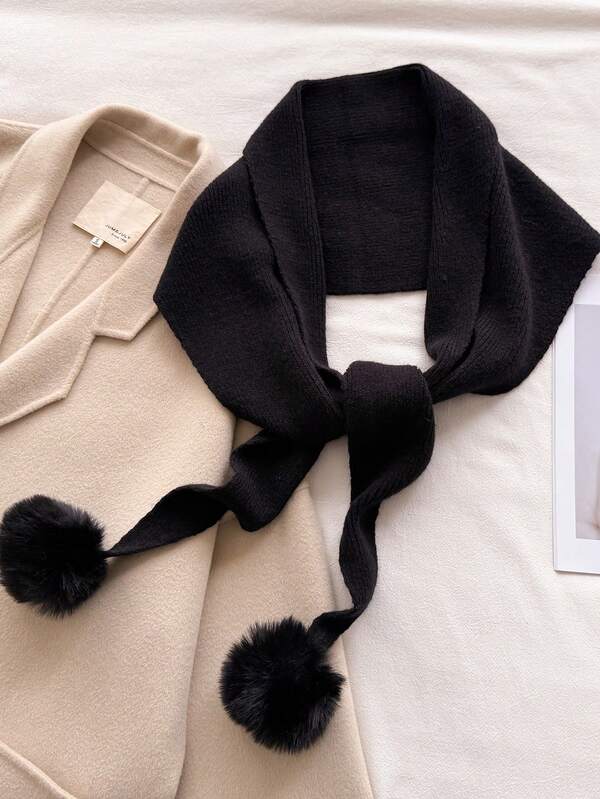 1 pieza Bufanda de punto de unicolor estilo coreano casual con bola de pelo, bufanda de cuello cálido de mujer, chal de pashmina suave, poncho, bufanda de cuello unisex de estilo invernal cálido, suave y cómoda, para uso diario y salidas, como regalo de Navidad.