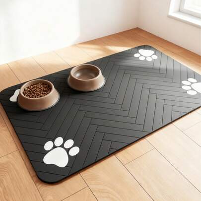 PETSIN 1 件速干硅藻土猫/狗爱好者礼物和狗/猫妈妈爱宠物喂食垫 - 防溅、吸水、易于清洁，适合狗爱好者和狗妈妈喜欢和猫爱好者和猫妈妈喜欢，人字形图案带爪印设计，黑色，猫/狗爱好者礼物和狗/猫妈妈喜欢宠物喂食垫可洗