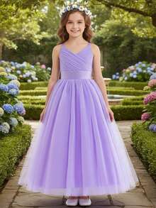Flower Girls Spaghetti Strap Tulle Dress Long A Line Wedding Pageant Dresses Princess Birthday Party Ball Gown - Mauve Purple - View 1