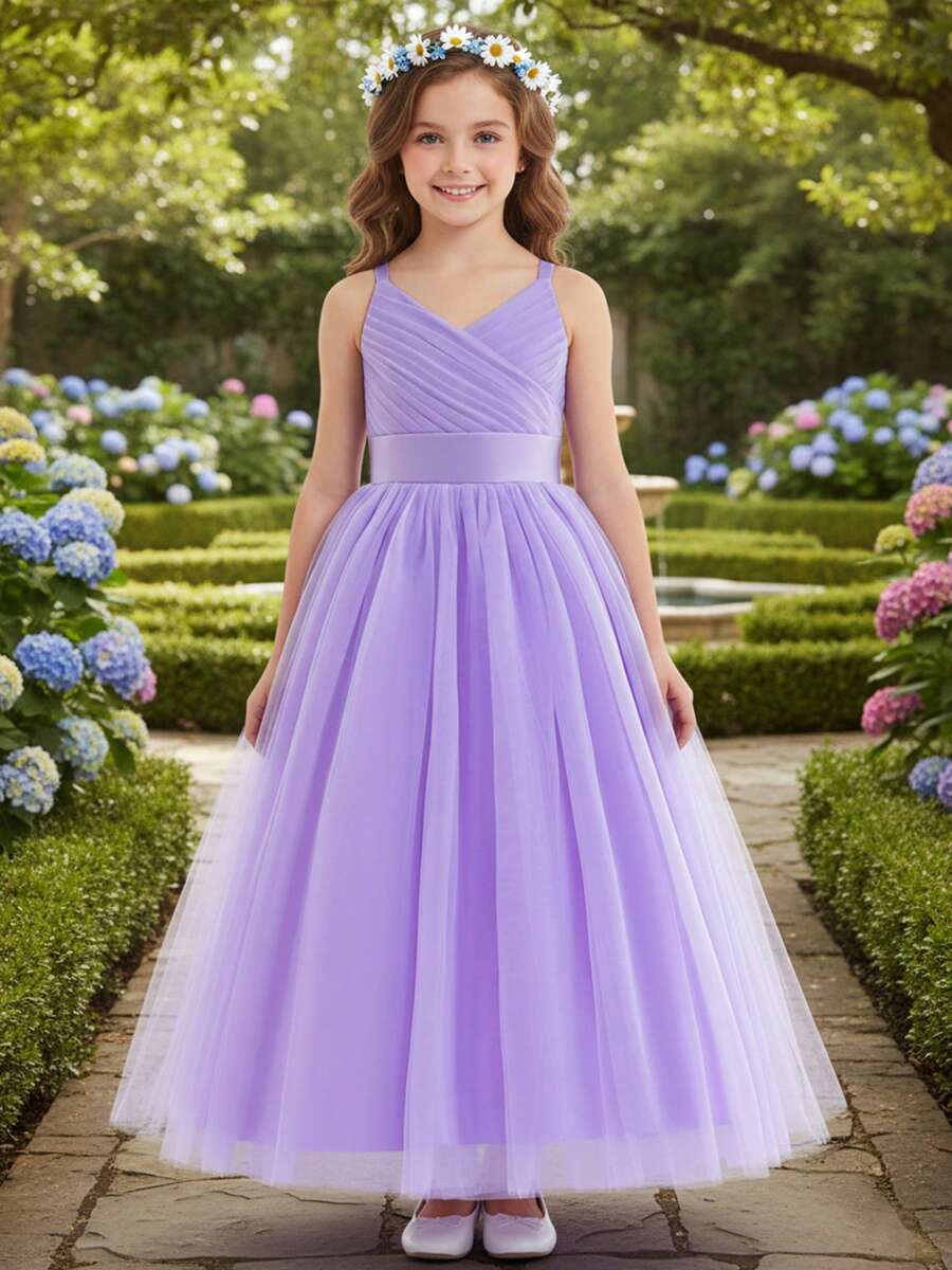 Flower Girls Spaghetti Strap Tulle Dress Long A Line Wedding Pageant Dresses Princess Birthday Party Ball Gown - Mauve Purple - View 1