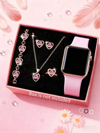 6 件/套女孩时尚优雅浪漫经典 LED 数字显示方形电子手表，适合女孩佩戴，配有珠宝手链、项链、戒指、耳环套装，适合学生，非常适合返校、聚会和旅行等日常生活，非常适合赠送朋友、生日礼物、毕业季，是送给女孩派对万圣节圣诞节纪念品礼物的完美礼物