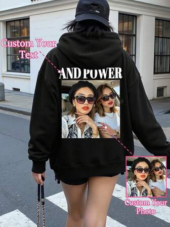 Customized Photo & Text Plus Size Women Fleece Hoodie Sweatshirt, Personalize With Lucky Numbers & Blessings For Yourself/Couples/Family/Pets/Friends, Suitable For Halloween, Christmas, Back To School, Autumn/Winter Outfits, Holiday Gifts, Birthday Gifts, Party Wear, Winter Plus Size Women Fleece Hoodies
