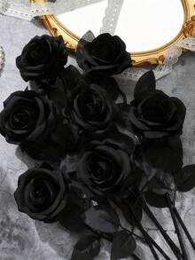 6/10pcs Black Artificial Silk Flowers, Artificial Rose Bouquet Suitable For Halloween Party, Dark Style Decor, Wedding Decoration, Bridal Backdrop Props, Bouquets, Corsages, Wristbands, Wedding Arches, Party Decorations - Black - View 3
