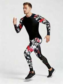 6-Piece Men's Printed Round-Neck Sports Suit, Skin-Friendly And Breathable, Sweat-Wicking And Moisture-Wicking, Suitable For Gyms And Outdoor Sports - Multicolor - View 4