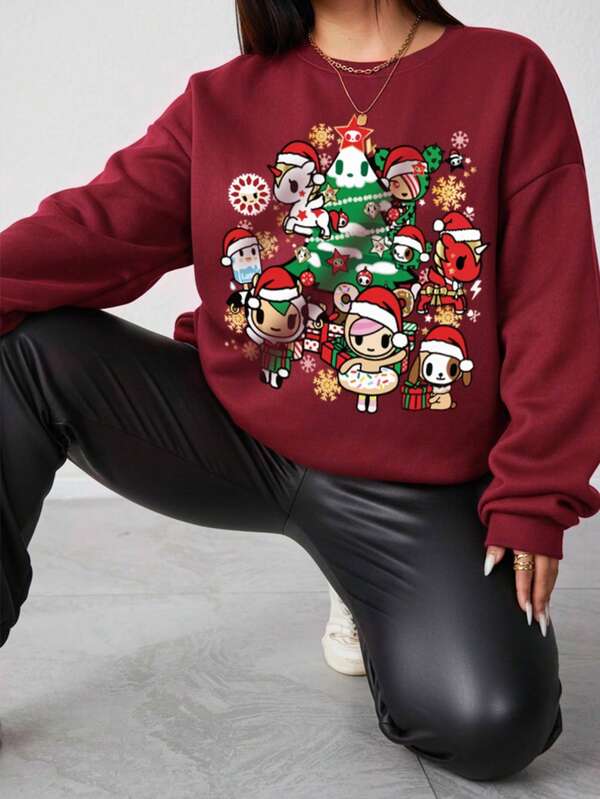 Felpa casual e chic da donna taglie forti con fodera in pile e collo rotondo | Motivo minimalista dell'albero di Natale | Elementi natalizi | Stile streetwear | Vibes natalizie bordeaux | Abbigliamento da tutti i giorni
