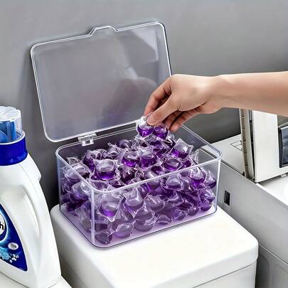1pc Clear Laundry Pods Organizer With Flip-Top Lid - Plastic Storage Box For Laundry Detergent, Dryer Sheets & Laundry Balls - Space-Saving Rectangular, Laundry Room Organizer, Laundry Room Storage
