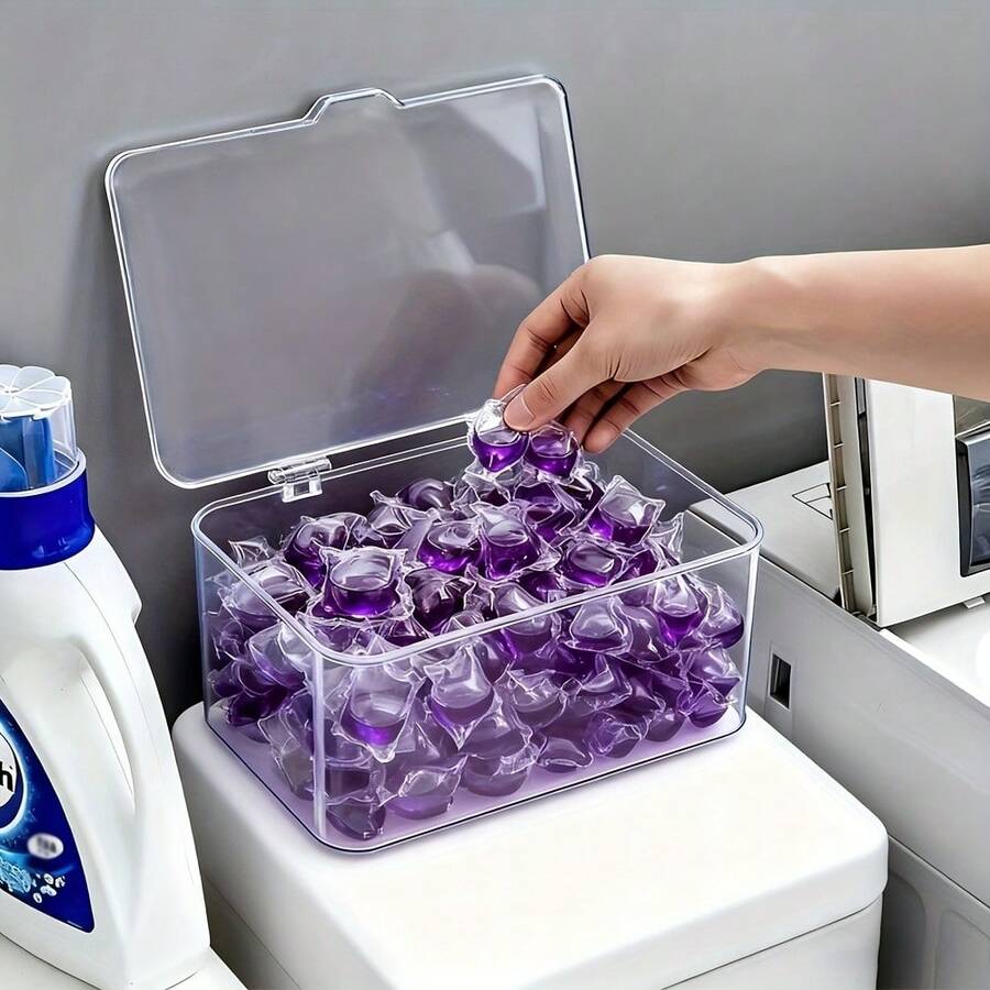 1pc Clear Laundry Pods Organizer With Flip-Top Lid - Plastic Storage Box For Laundry Detergent, Dryer Sheets & Laundry Balls - Space-Saving Rectangular Laundry Room Organizer And Storage Solution, Clear Compartments For Neat Cabinets, Easy Access, And Optimized Closet Setup - Multicolor - View 1