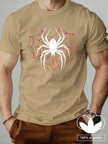 Una nueva camiseta 100% algodón para hombre con un moderno estampado de araña. Esta camiseta informal, cómoda, de cuello redondo y manga corta tiene un corte holgado, es transpirable y lavable a máquina. Imprescindible para primavera y verano. Ligera y transpirable, esta prenda esencial para el verano está disponible en tallas de la S a la 3XL. Perfecta para el día a día, para practicar deportes activos y para el verano. - Caqui - Ver 1