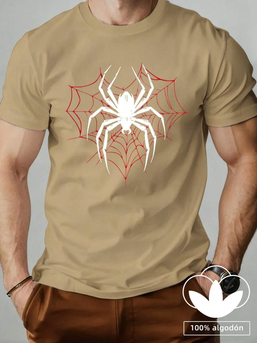 Una nueva camiseta 100% algodón para hombre con un moderno estampado de araña. Esta camiseta informal, cómoda, de cuello redondo y manga corta tiene un corte holgado, es transpirable y lavable a máquina. Imprescindible para primavera y verano. Ligera y transpirable, esta prenda esencial para el verano está disponible en tallas de la S a la 3XL. Perfecta para el día a día, para practicar deportes activos y para el verano. - Caqui - Ver 1