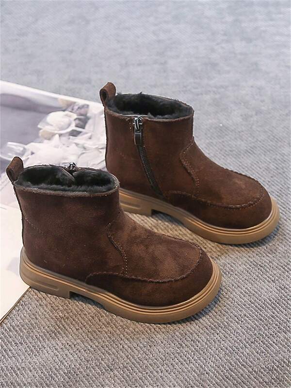 1 Pair Brown Thermal Lined Warm Chelsea Boots For Toddlers & Kids, Soft & Comfortable Elastic Faux Fur + PU Material, Warm Zipper Design, Round Toe, Soft Sole, Simple & Fashionable, Suitable For Boys & Girls, Indoor/Outdoor, School, Autumn/Winter
