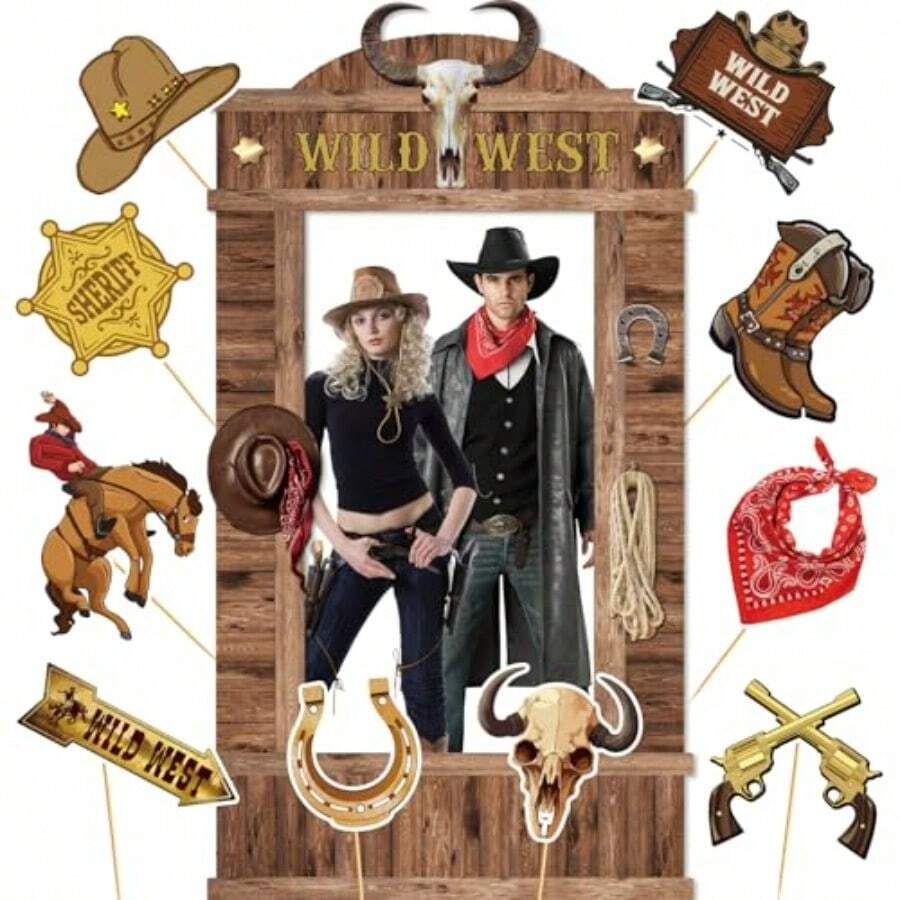 DWild West Western Photo Booth Props Wild West Party Decorations Cowboy Photo Booth Props For Cowboy Party Decorations Rodeo Western Party Decor - màu nâu - Xem 1