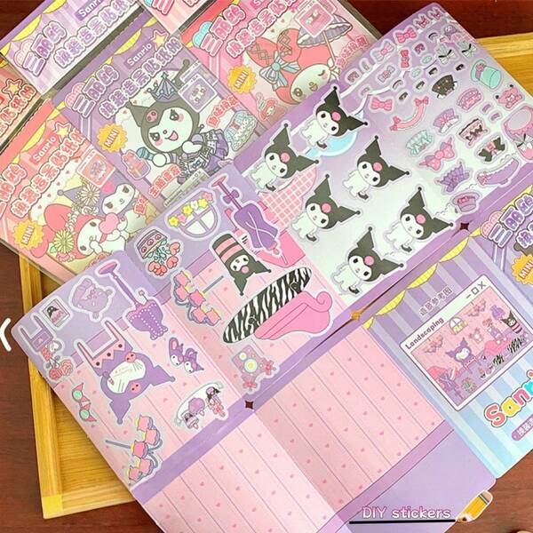 Sanrio 1 pièce Nouveau Sticker habillage de personnage de dessin animé Sanrio, livre de coloriage Kuromi, My Melody, stickers décoratifs DIY créatifs, convient comme petit cadeau pour filles, cadeau de fête, cadeau d'anniversaire (style aléatoire)
