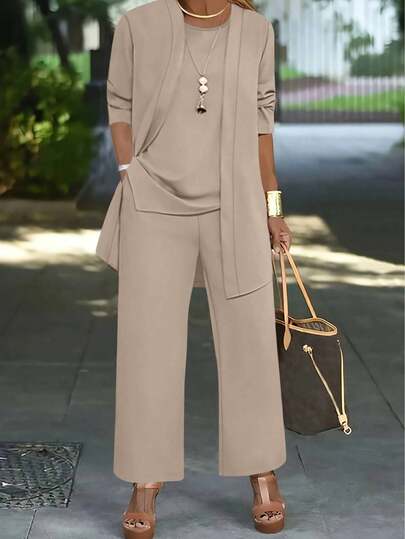 3 Pieces Set Women Spring/Autumn/Winter: Simple Casual Solid Color Cardigan + Round Neck Sleeveless Top + Elastic Waist Drape Pockets Straight Leg Pants, Office Wear