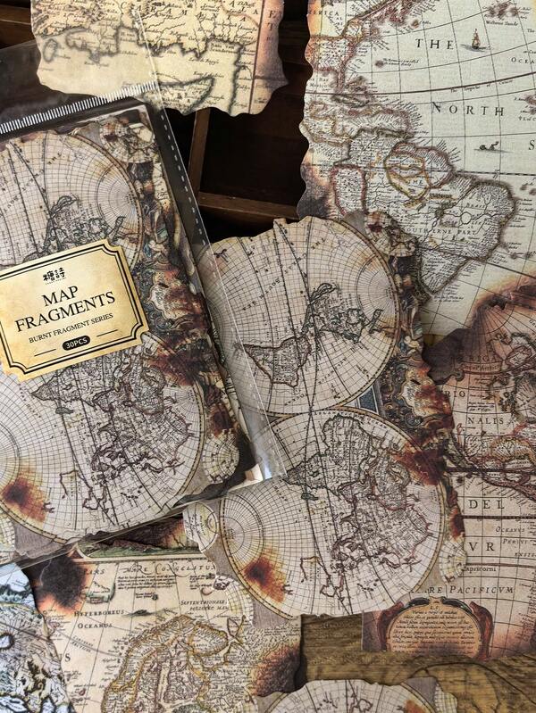 1 paquete de 30 hojas de papel decorativo con fondo de mapa antiguo vintage y borde quemado retro para scrapbooking, diarios, decoración, útiles escolares, vuelta al cole