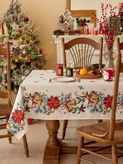 1 pezzo Tovaglia natalizia color albicocca, con stampa di campane natalizie e fiori, texture 3D effetto bambù, lavabile in lavatrice, tovaglia rettangolare in poliestere, adatta per cucina, sala da pranzo, riunioni, pasti, vacanze, feste, decorazioni natalizie, decorazioni per Capodanno, decorazioni autunnali, regalo di Natale
