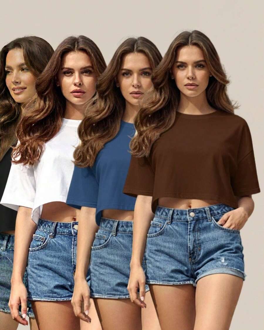 Kit 4 Cropped Camiseta Feminina Basica em algodão blogueirinha gringa verão look outfit - 1 Preto 1 Branco 1 Azul Jeans 1 Marrom - Visão 1