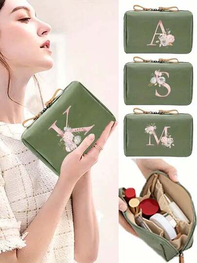 Elegant Green Floral Monogram Makeup Bag - Portable Travel Cosmetic Storage Case With Zipper Pockets For Lipstick, Toiletries And Accessories, Coin Purse With Ribbon Handle, Pencil Case Wallet Clutch,Christmas Gifts,Pouch,Travel,Gifts For Women,Women's Necessaire,Travel Essential,Pouch,Clutch / Small Handbag,Necessaire,Makeup Organizer,Makeup Organize,Pouch,Brush Holder,Mini Pouch,Large Capacity Pouch