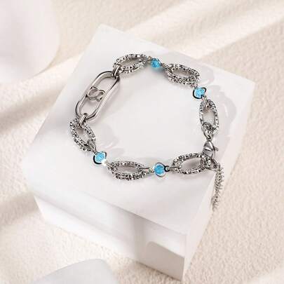 1pc Fashionable & Versatile Ocean Heart Crystal Bracelet, Titanium Steel Inlaid Blue Zirconia Bracelet - Perfect Birthday Gift For Men & Women