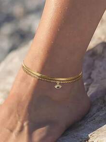 2pcs Fashionable High-End Double-Layer Stainless Steel Square Copper Inlaid Sunburst Zirconia Pendant Anklet Set