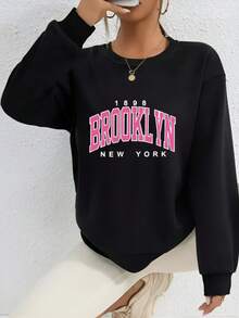 Mujer004 Sudadera de cuello redondo para mujer invierno sudadera de manga larga cómoda suave Camisa de estilo urbano con el lema "1898 BROOKLYN NEW YORK" que resalta tu estilo con un toque vintage y moderno - Negro - Ver 1