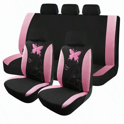REMAX Car Seat Covers 9Pcs Set Of Butterfly Banner Car Seat Covers, Fashionable Universal Fit Seat Protectors, Package Includes 5 Headrest Covers, 2 Front Seat Covers, 1 Back Seat Cover With Split And 1 Back Seat Cover With Solid Bottom, Airbag Compatible, Automotive Interior Covers,For SUV, Sedan, Van
