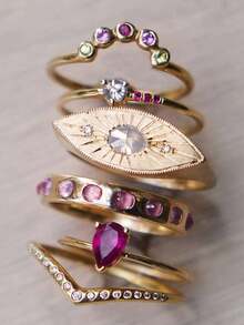 6 Pieces/1 Set Fashionable And Personalized Retro Devil Eye Copper Alloy Diamond Multi-Color Ring Set Suitable For Women's Daily Gatherings, Music Festivals And Festivals To Wear As New Year Gifts - 彩色 - 查看 5