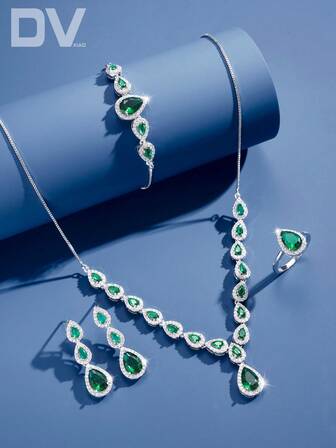 DV JEWELRY 5 件弹力项链、手链、耳环、开口戒指套装，奢华镀铂金绿宝石、白宝石、方晶锆石首饰套装，优雅珠宝礼品套装，适合女士、派对、周年纪念，礼盒包装