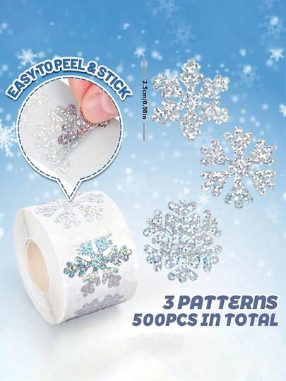 Sticky Snowflake Stickers - With Sparkling, Self-Adhesive Winter Decorations For Christmas, Parties, Gifts - Compatible With Laptops, Luggage, Crafts, Scrapbooking - Synthetic Paper Sheets (500/Roll), Festive Decoration, Holiday Motifs, Adhesives Christmas Christmas Decorations Christmas Pajamas Christmas Gifts Christmas Decor