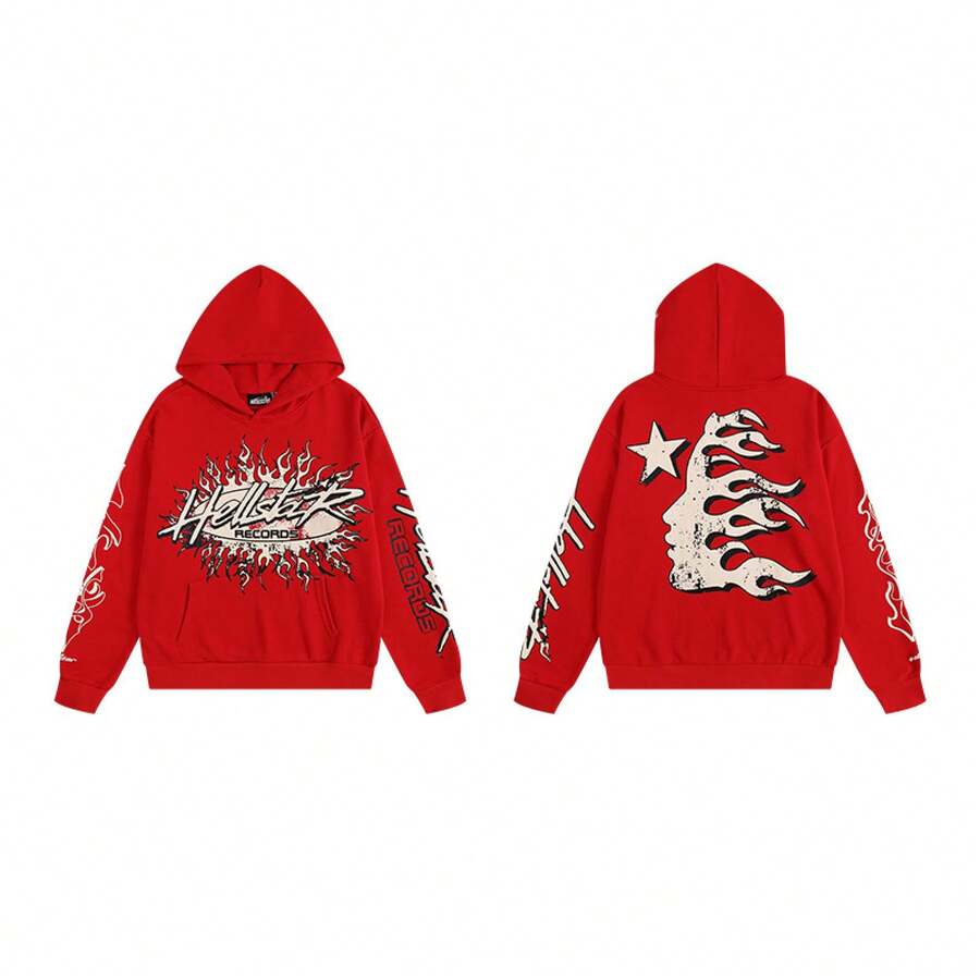 Hoodie, Retro Letter Print Hoodie, Men's Streetwear Long-Sleeve Hooded Sweatshirt, Couple Matching Outfit Sweatshirts - H503紅色 - 查看 1