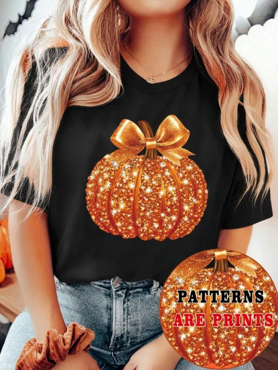Playera camiseta gráfica dama mujer manga corta cuello redondo básica cómoda fresca ligera moderna juvenil casual estampado halloween día de muertos brujas calabaza brillos moño lazo imitación diamantes - Negro - Ver 1