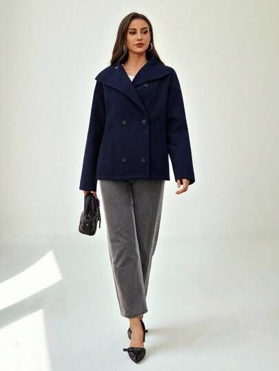 Damen marineblauer Wollmantel mit hohem Kragen und Doppelreihe, geeignet für den täglichen Gebrauch, Reisen, Lässig