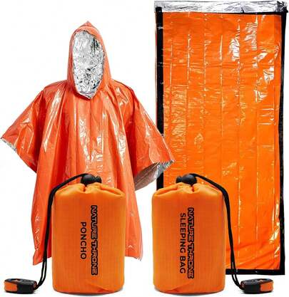Kit de Supervivencia Manta Térmica Mylar y Saco de Dormir de Emergencia, Poncho de Lluvia, Compacto y Portátil para Acampada, Senderismo, Montañismo - Unisex IECM