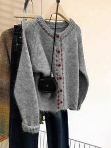 Cárdigan de punto con cuello redondo, suave y lindo para mujer, nuevo diseño casual y holgado de primavera 2025