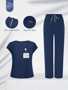cimmuovere Damska bluzka z dekoltem w serek, jednolity kolor, krótki rękaw, dopasowana, z wieloma kieszeniami, spodnie i odzież robocza dla pielęgniarki, dentysty, opieki zdrowotnej, szpitala dla zwierząt, laboratorium - Granatowy - Zobacz 6
