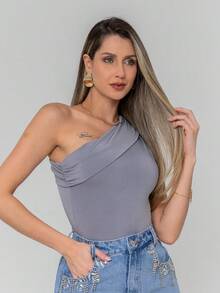 Women's Elegant Asymmetrical One-Shoulder Tank Top Bodysuit - 灰色 - 查看 1