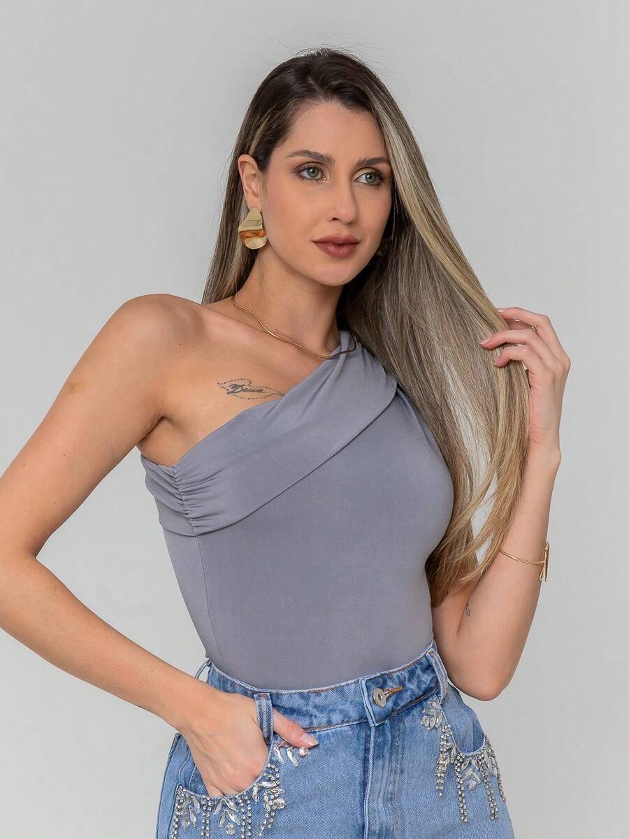 Women's Elegant Asymmetrical One-Shoulder Tank Top Bodysuit - 灰色 - 查看 1