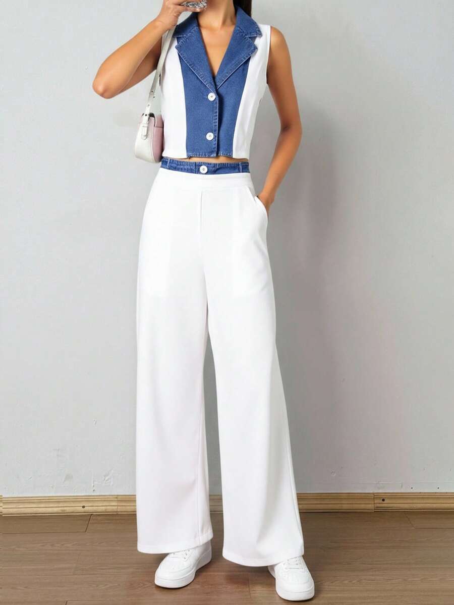 Conjunto bohemio de dos piezas para mujer, blusa sin mangas con cuello, botones y pantalones anchos de largo regular. - Blanco - Ver 1
