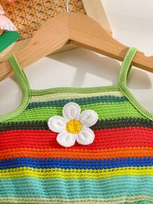 Baby GirlCasual Vacation Style, Fashionable Sweet Cute, Floral Striped Strap Romper With Bag - Green - View 3