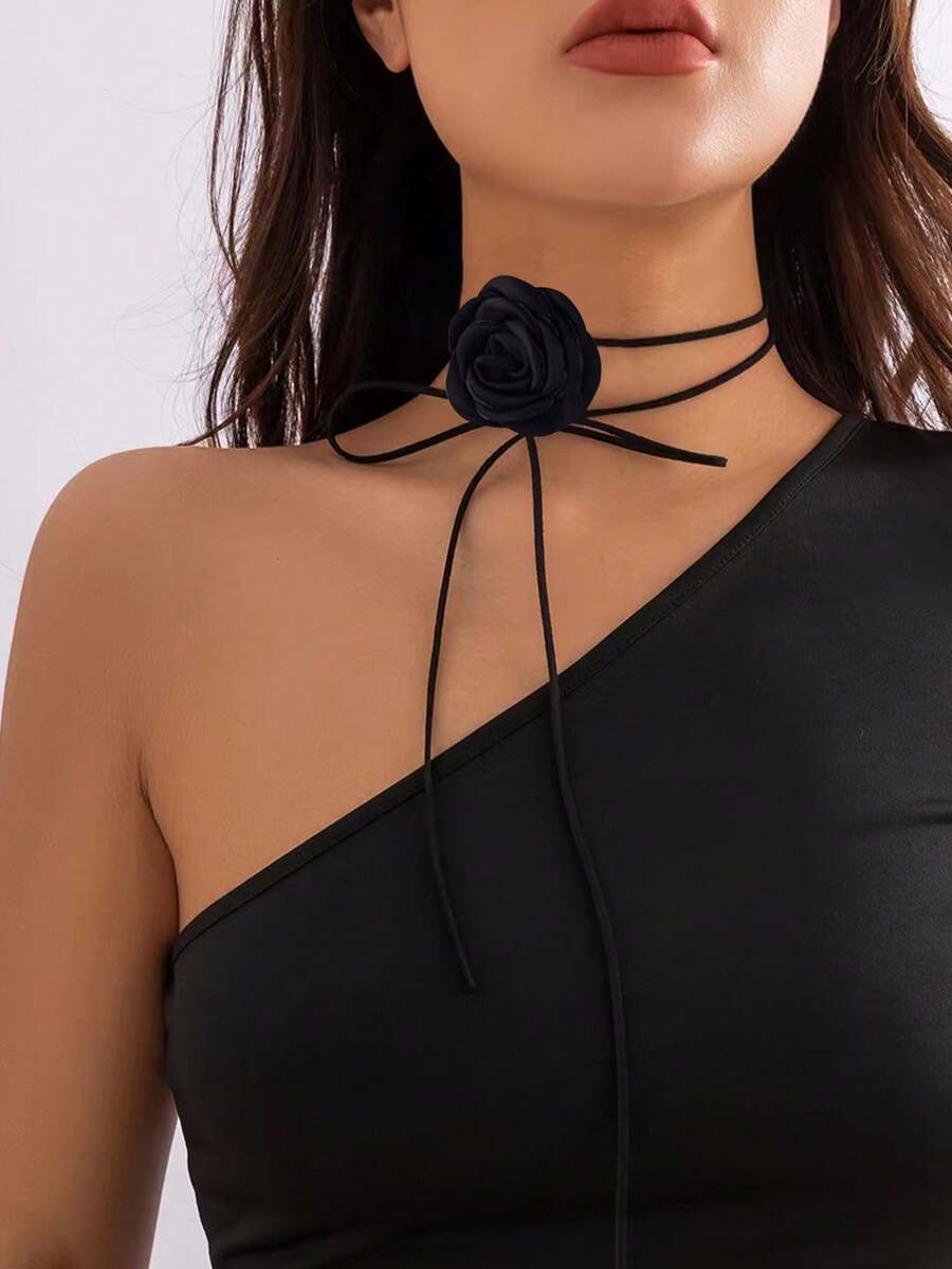 1pc Black Camellia Flower Necklace Neck Strap Versatile Choker Rose Choker Neck Necklace Valentines - Black - View 1