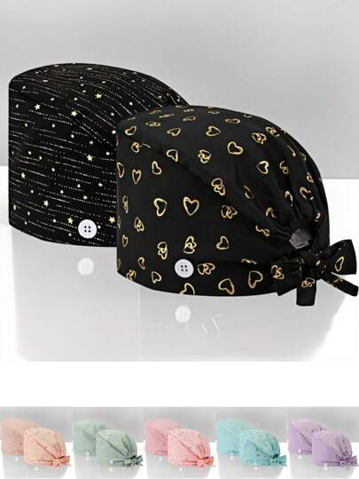 2pcs Women's Premium Foil Heart & Comet Pattern Work Cap/Nurse Cap - 2 Pieces Set, Suitable For Dental Clinics, Beauty Salons, Veterinary Hospitals And Other Dust-Prone Workplaces