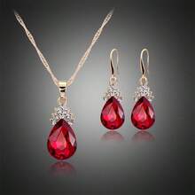 Hasnsofie Jewellery Set For Women Sapphire Ruby Stone Gold Tone Earrings And Necklace With Pendant 18K Gold Plated Red And White Drop Austrian Crystal Women's Jewellery With Gift Box