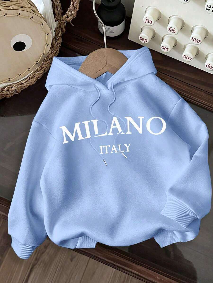Popular Hoodies For GirlsWomen's Casual Simple Milano Pattern White Hoodie Sweatshirt, Loose Fit, Thick Thermal Lined, Suitable For Autumn And Winter,Long Sleeve Tops Back To School Fall And Winter Clothing Autumn And Winterroomy And Comfortable - 淡藍色 2 - 查看 1