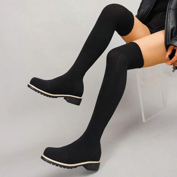 Women's Thigh High Boots, Black Elastic Skinny Leggings Boots, Western Style, Fashionable European And American Street Style, Suitable For Holidays, Autumn/Winter