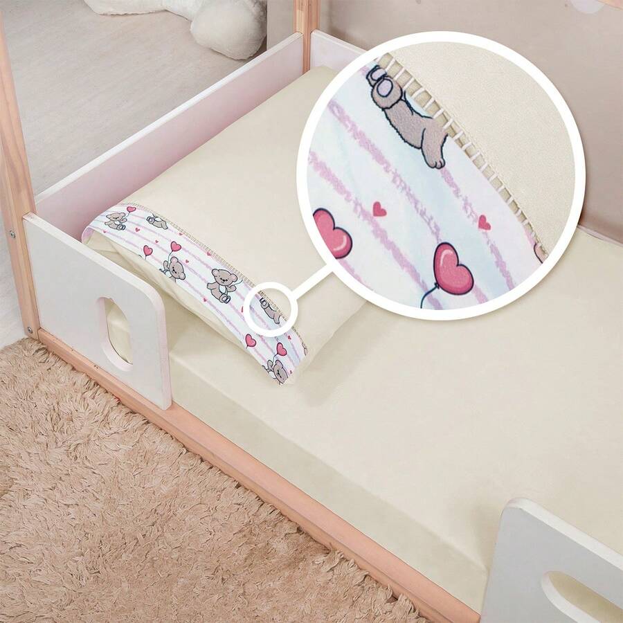 MONTESSORI Bed Sheet 2 Pieces Percale 400 Thread Count Stick Stitch Pillowcase - Straw Love Bear - View 1