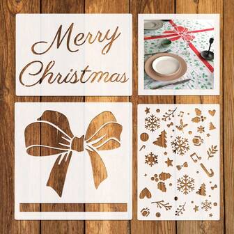 2 Sizes 3pcs Large Christmas Bow Template, Reusable Painting Stencil, Merry Christmas Template For Windows, Fabrics, Holiday Decor, Gift Wrapping, Snowflake Spray Template