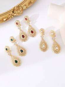 1 Pair Algerian Women's Gold-Plated Earrings, Inlaid With Colorful Rhinestones, French Retro Style, Delicate And Exquisite, Bridal Wedding Party Jewelry, Women's Holiday Gift Valentine's Day Accessories - D-eR0070 - View 1